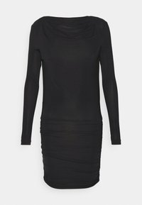 Svart långärmad klänning med draperad hals och rynkade sidodetaljer, som har en mjuk och slät textur samt en smal passform.