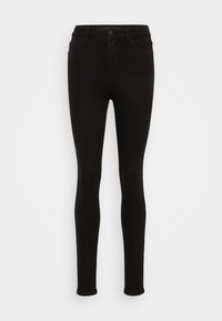 Μαύρα στενά τζιν παντελόνια από βαμβακερό μείγμα υφάσματος με λεία υφή. Διαθέτουν πέντε τσέπες και κλείσιμο με κουμπί μπροστά.