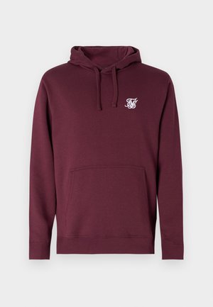Bordeauxfarbener Kapuzenpullover aus weichem Material, mit einer Vordertasche und einer Kordelzugkapuze. Enthält ein kleines weißes Logo auf der Brust.