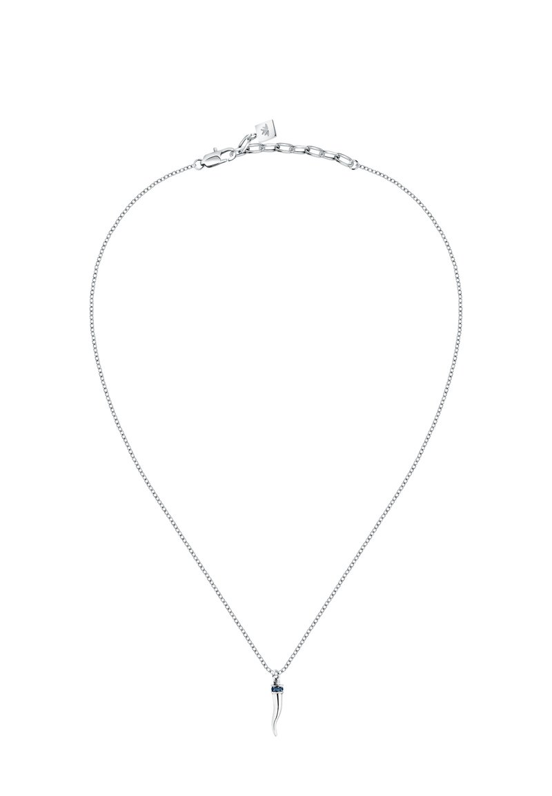 Collana in argento con un pendente sinuoso e elegante, caratterizzato da un accento blu vicino alla parte superiore. La catena presenta una trama fine e una chiusura sicura.
