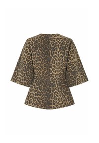 Jacke im Leopardenmuster mit kurzen Ärmeln, V-förmigem Ausschnitt und Peplum-Silhouette. Hergestellt aus einem strukturierten Stoff in Beige und Schwarz.