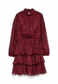 Vestito bordeaux in tessuto leggero, con maniche lunghe, collo alto e balze a strati nella gonna con vita aderente.