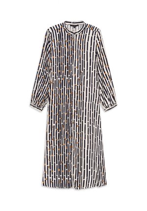 Long-sleeve midi dress with black vertical dashes and small orange dots on a white background, featuring a round neckline and button-down front.