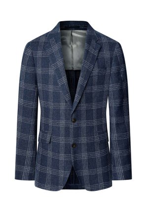 Navy plaid blazer with a textured fabric, two front pockets, notched lapel, and two-button closure; lined interior in light gray.