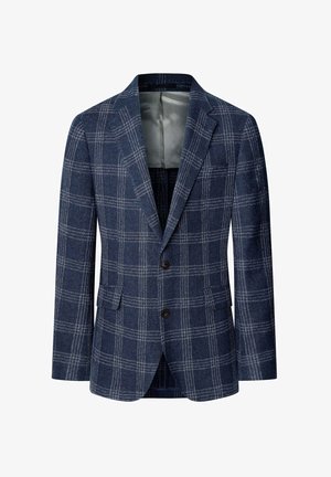 Marineblauwe geblokte blazer van een gestructureerde stof, met twee voorzakken en twee knopen. De binnenvoering is lichtgrijs en toont een gestructureerd ontwerp.