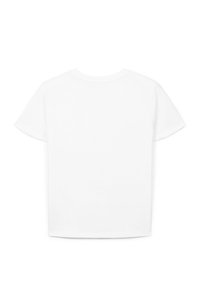 T-shirt en coton blanc à manches courtes et encolure ronde, avec un design simple et une texture lisse, sans motifs ni graphismes visibles.