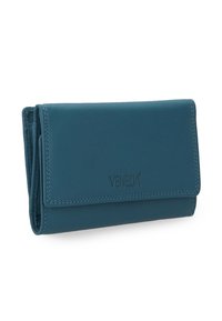 Teal læderpung med klaplukning, der har en syet kant og præget "VENEZIA" logo. Kompakt rektangulært design.