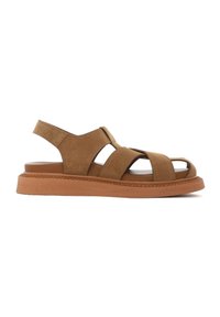 Brown suede sandal featuring multiple straps, an open toe, and a textured tan platform sole with decorative stitching.