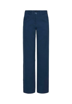 Navyblaue gerade geschnittene Hose mit Knopf- und Reißverschluss, Fronttaschen und Gürtelschlaufen.