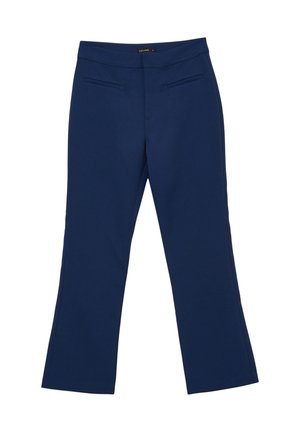 Pantaloni dritti blu navy con tasche a filetto frontali e vita, progettati per una taglia piccola.