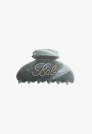 Gray marbled hair clip with a rounded top, featuring the word "Baly" embellished with rhinestones on the front, and six gripping teeth.