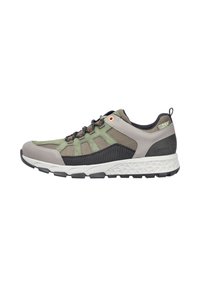Athletic shoe with a grey and green textile upper, black mesh panels, orange eyelets, and a textured white rubber sole.