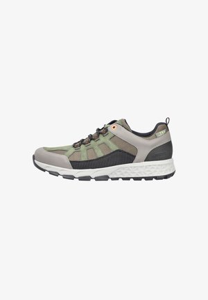 Athletic shoe with a grey and green textile upper, black mesh panels, orange eyelets, and a textured white rubber sole.
