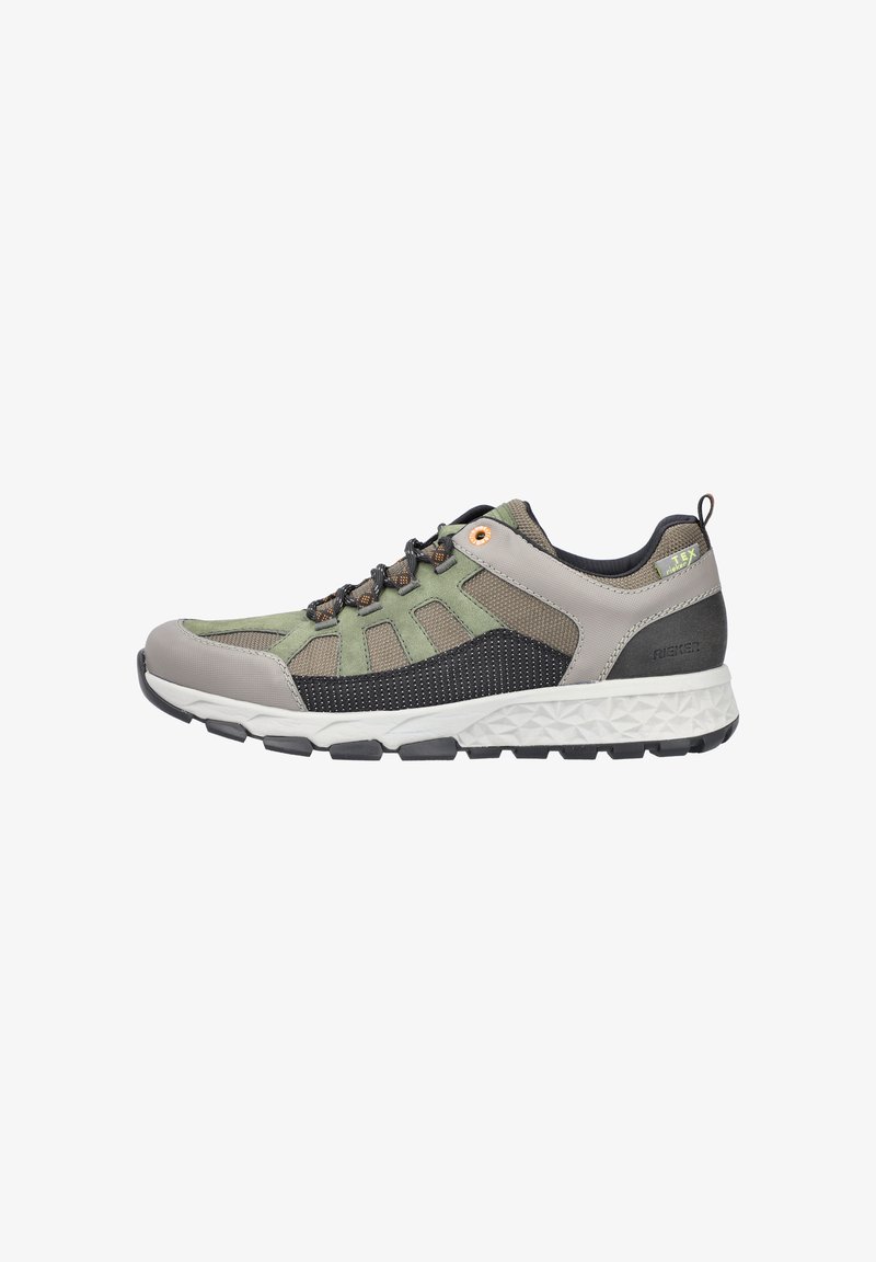 Athletic shoe with a grey and green textile upper, black mesh panels, orange eyelets, and a textured white rubber sole.