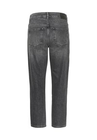 Dark gray denim jeans with a straight cut, featuring two back pockets, a waistband label, and a clean hem finish.