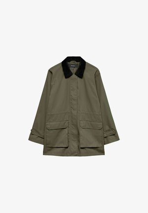 Light olive green jacket with black corduroy collar, front flap pockets, concealed front closure, and adjustable cuff straps.