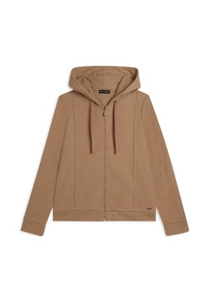 Felpa cappuccio con zip di colore marrone, realizzata in tessuto morbido, con una zip anteriore, due tasche laterali e dettagli in pannello testurizzato.