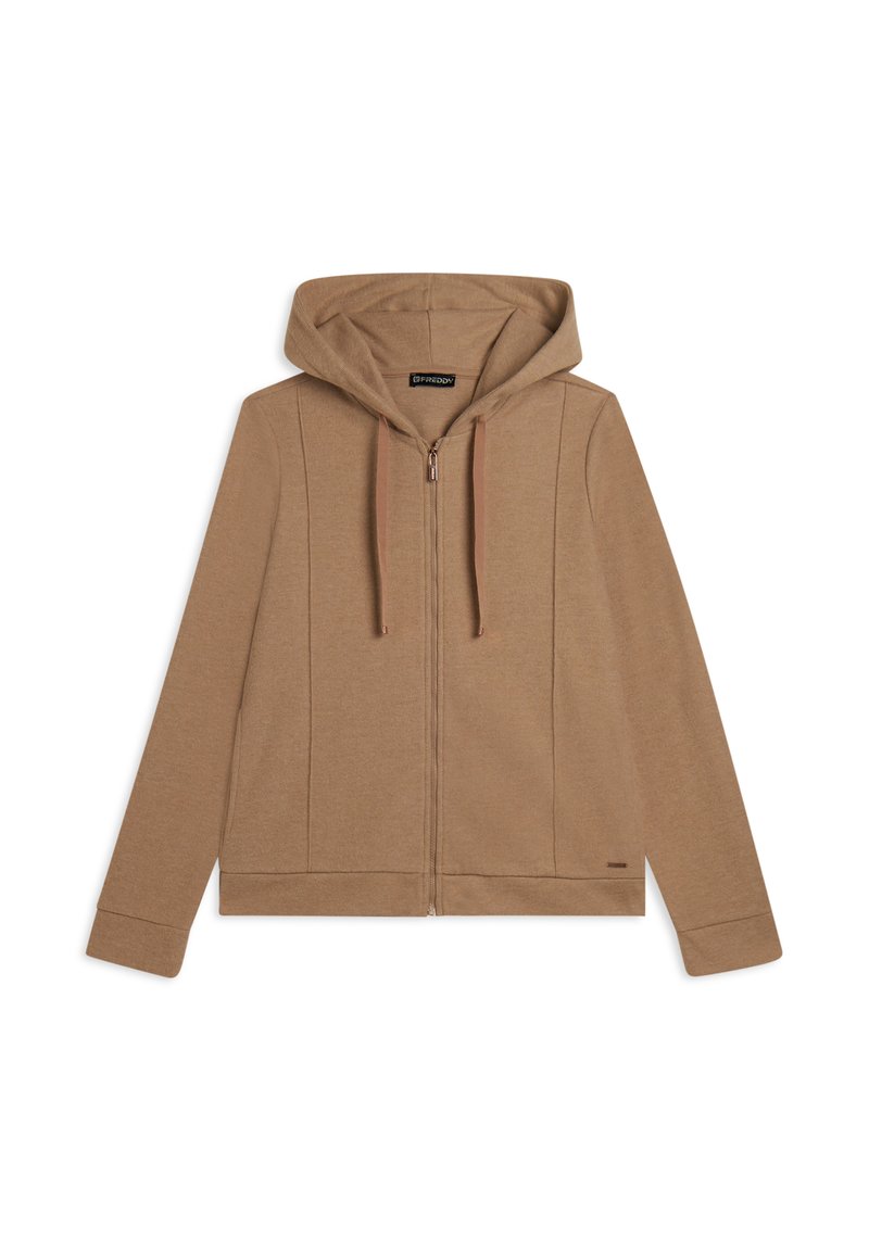 Sweatshirt à capuche zippé marron en tissu doux, avec une fermeture éclair à l'avant, deux poches latérales et des détails en panneaux texturés.