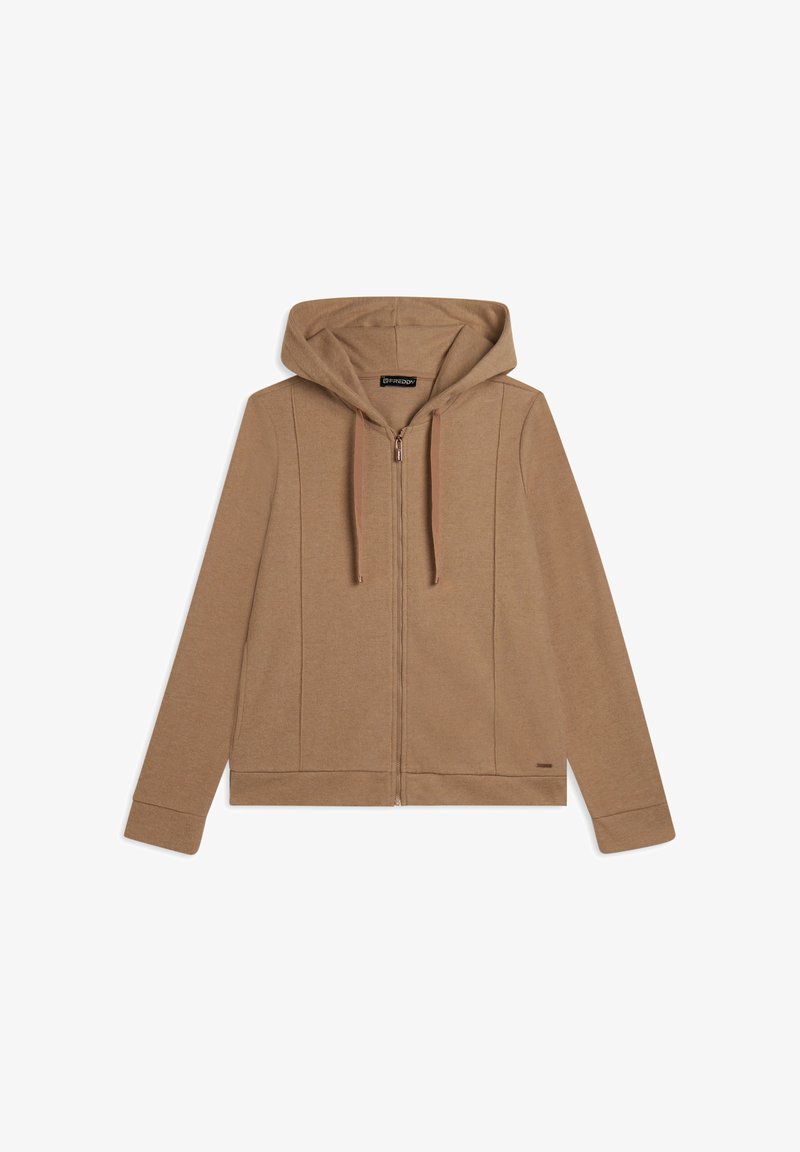 Sweatshirt à capuche zippé marron en tissu doux, avec une fermeture éclair à l'avant, deux poches latérales et des détails en panneaux texturés.