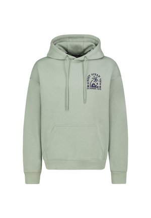 Light green hooded sweatshirt with front pocket and navy blue "Sunset Ocean View Summer Club" text and palm tree graphic on the left chest.