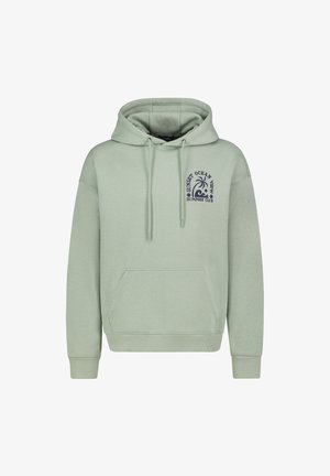 Light green hooded sweatshirt with front pocket and navy blue "Sunset Ocean View Summer Club" text and palm tree graphic on the left chest.