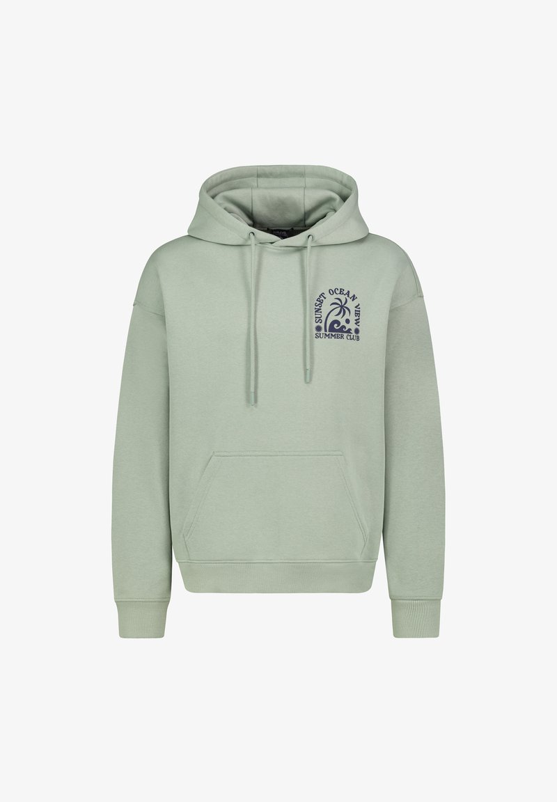 Light green hooded sweatshirt with front pocket and navy blue "Sunset Ocean View Summer Club" text and palm tree graphic on the left chest.