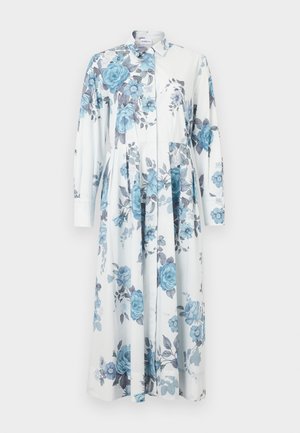 Floral shirt dress in light blue and white, featuring long sleeves, a collar, button closure, and a flared skirt with rose patterns.