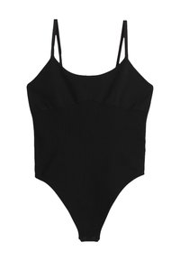 Musta hihaton bodysuit ohuiden olkaimien, pyöreän kaula-aukon ja napillisen haarakiinnityksen kanssa, suunniteltu vartalonmyötäiseksi ja mukavaksi.