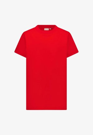 Rood T-shirt met korte mouwen van katoen, met een ronde halslijn en een rechte snit. Heeft een gladde textuur en een minimalistisch ontwerp.