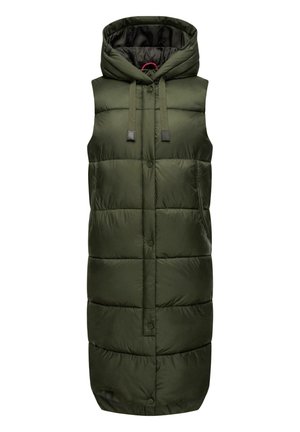 Vest, lightweight, padded, olive green, sleeveless, hooded with toggles, front buttons, side pockets, smooth texture, modern design.