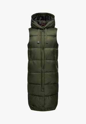 Vest, lightweight, padded, olive green, sleeveless, hooded with toggles, front buttons, side pockets, smooth texture, modern design.