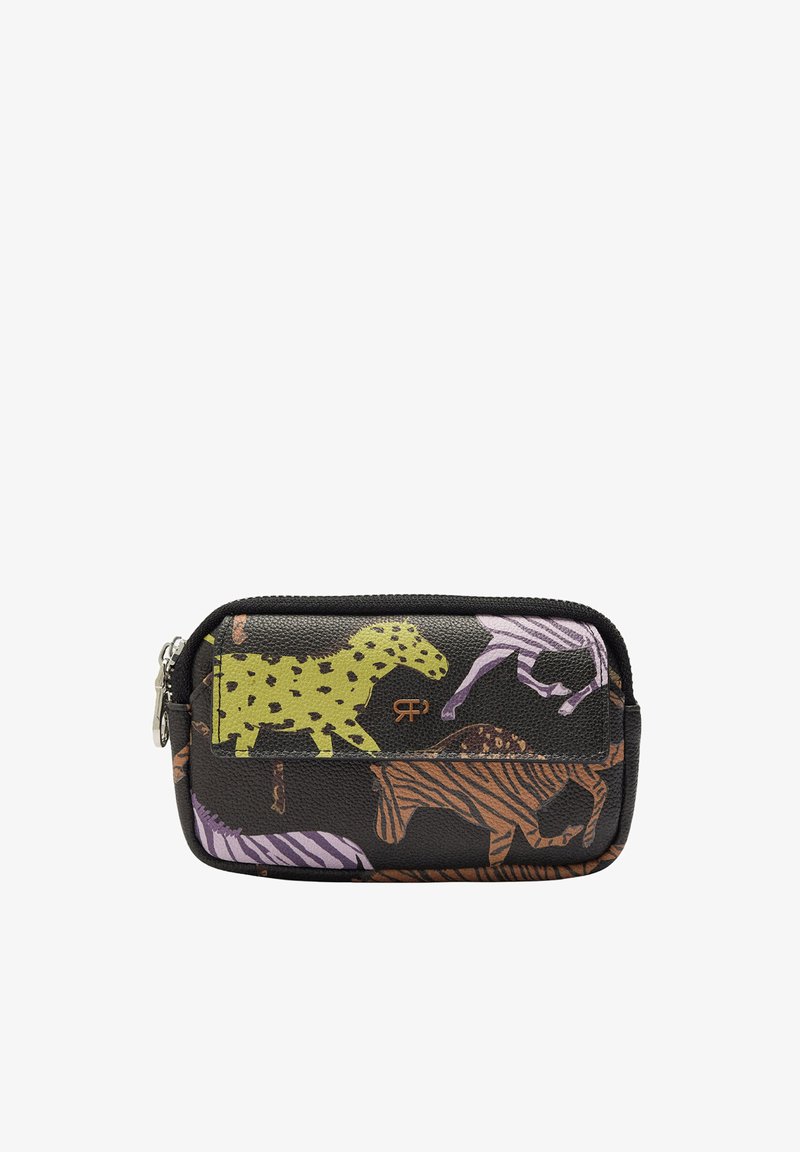 Mała prostokątna czarna saszetka na zamek błyskawiczny, z kolorowymi nadrukami zwierząt, w tym zielonego lamparta i pasiastych tygrysów.