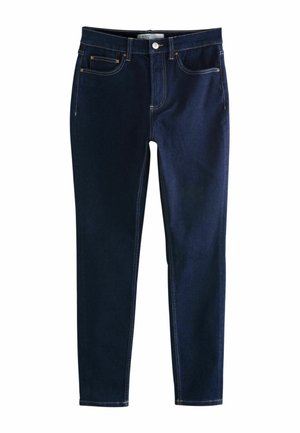 Skinny jeans in dark blue denim with a smooth texture, featuring five pockets, contrasting yellow stitching, and a classic button closure.