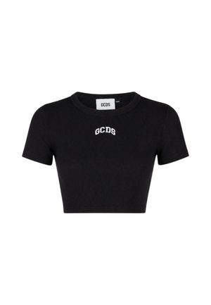 T-shirt corta nera a maniche corte con scollo rotondo e logo bianco GCDS centrato sul petto.