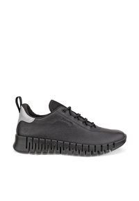 Sort læder-sneaker med fleksibel segmenteret sål, snørebånd foran, polstret krave og reflekterende hælkappe, vist fra ydersiden.