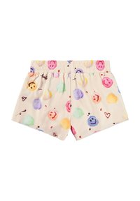 Pantalones cortos hechos de tela ligera en color crema con patrones de caritas sonrientes coloridas y divertidas, y una pretina fruncida para mayor comodidad.