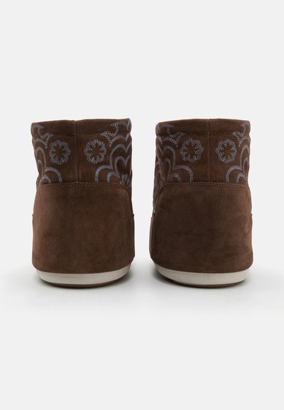 Brown suede ankle boots with decorative blue stitching patterns, rounded shape, and white rubber soles. Smooth exterior texture.