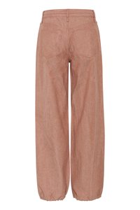 Dusty rose wide-leg pants with a textured fabric, featuring a waistband, belt loops, and elastic cuffs at the ankles. Two back pockets.