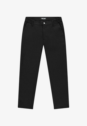 Zwarte broek van geweven stof met sluiting met knoop, twee zijzakken, een slank model en zonder zichtbare patronen of accenten.