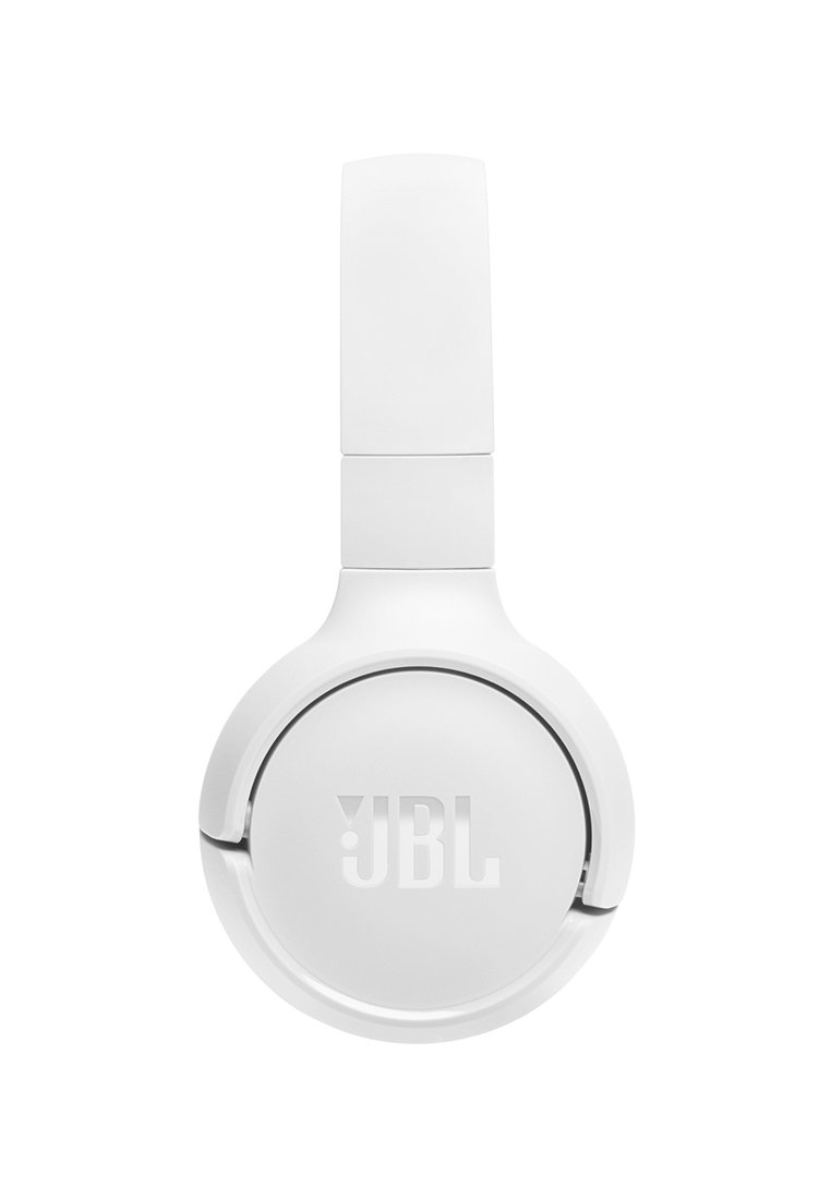 Weiße JBL Over-Ear drahtlose Kopfhörer mit gepolstertem Ohrenschützer und verstellbarem Kopfband, seitlich dargestellt.