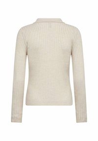 Beige ribaga pikka varrukaga pullover pehme tekstuuriga, millel on lame krae ja fitted siluett. Lihtne disain ilma täiendavate detailideta.
