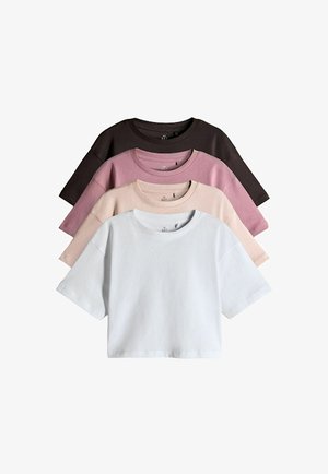 Set mit vier kurzärmeligen T-Shirts in Dunkelbraun, Pink, Hellpink und Weiß. Weicher Baumwollstoff mit bequemer Passform und Rundhalsausschnitt.