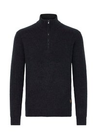 Dunkelgrauer Strickpullover mit einem Halb-Reißverschluss-Kragen, langen Ärmeln, gerippter Textur und einem kleinen Logoakzent auf der unteren rechten Seite.