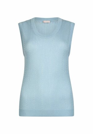 Lyseblå strikket ærmeløs sweatervest med rund halsudskæring og ribstrikkede lodrette mønstre.