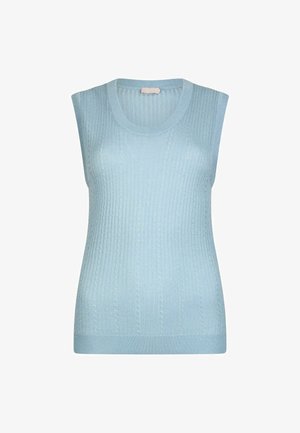 Gaiši zils adīts bezroku džemperis ar apaļu kakla izgriezumu un ribveida vertikālām rakstām.