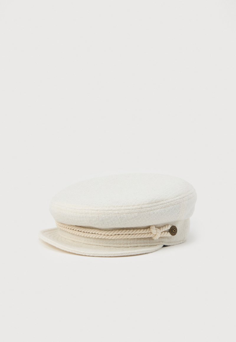 White fabric captain-style cap with a short brim and decorative braided rope and button detail on the front.