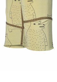 Gelbes Stoffkleidungsstück mit Bärenillustrationen, ausgestattet mit braunem Stich und einem strukturierten Druck. Kurze Ärmel und ein lässiger Schnitt.