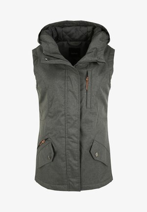 Szürke, ujj nélküli dzseki kapucnival, texturált anyagból, cipzárral és patentos záródással, valamint két elülső zsebbel, hajtókával és gombdíszítéssel.