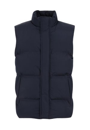 Navy blue puffer vest with high collar, front zipper, two side pockets, and a quilted texture for insulation. No sleeves or hood.