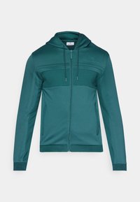 Hoodie zippé teal en tissu lisse, doté d'une capuche avec cordon de serrage, d'un panneau supérieur texturé et de poignets et d'un ourlet côtelés.